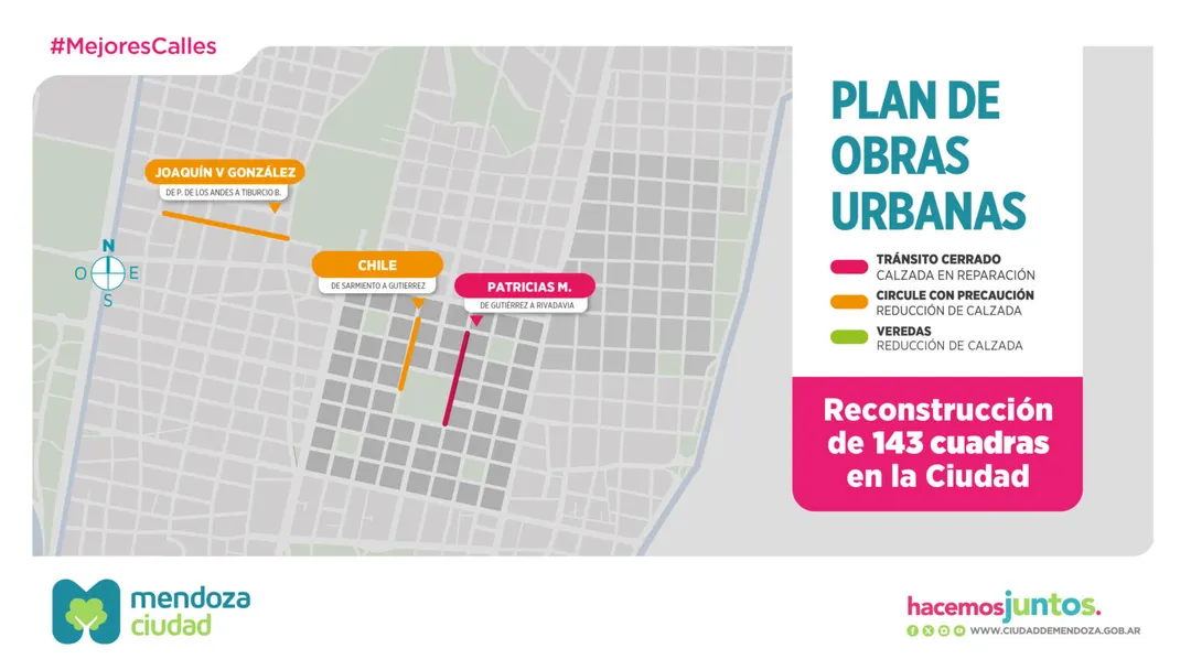 Desde la Ciudad de Mendoza solicita a conductores y peatones circular con precaución en los lugares de obra, respetar la señalización dispuesta y considerar vías alternativas mientras duren las intervenciones.