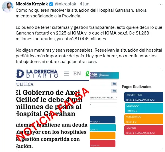 Nicolás Kreplak, ministro de Salud de la provincia de Buenos Aires, compartió una captura con la cuenta del IOMA en el Garrahan correspondiente a 2025.