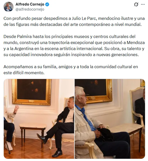 La despedida de Alfredo Cornejo a Julio Le Parc en redes. 