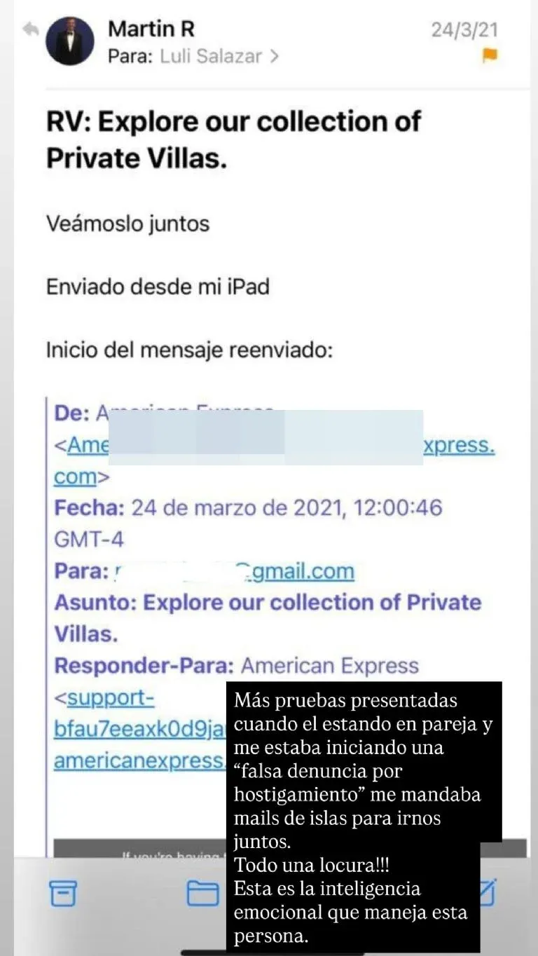 Las capturas de los mails que publicó Luli Salazar: invitaciones a cenas románticas en Estados Unidos.