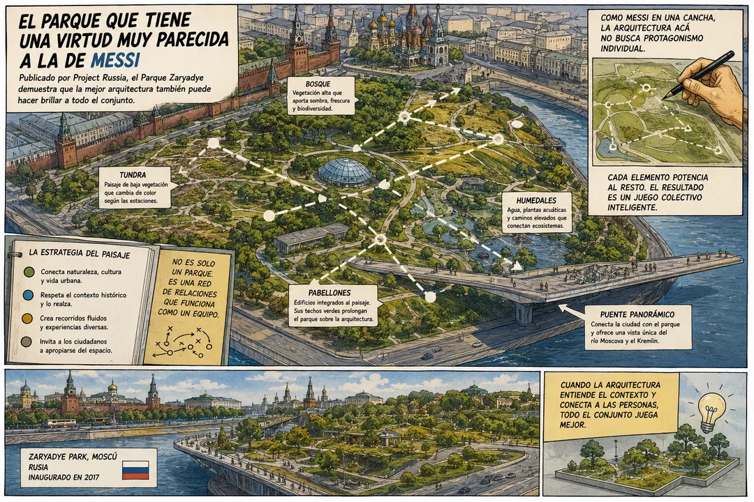 El Parque Zaryadye de Moscú transformó un antiguo predio urbano en uno de los espacios públicos más innovadores de Europa. El proyecto demuestra que la mejor arquitectura, como los grandes creadores, muchas veces se destaca por hacer que todo el conjunto funcione mejor.