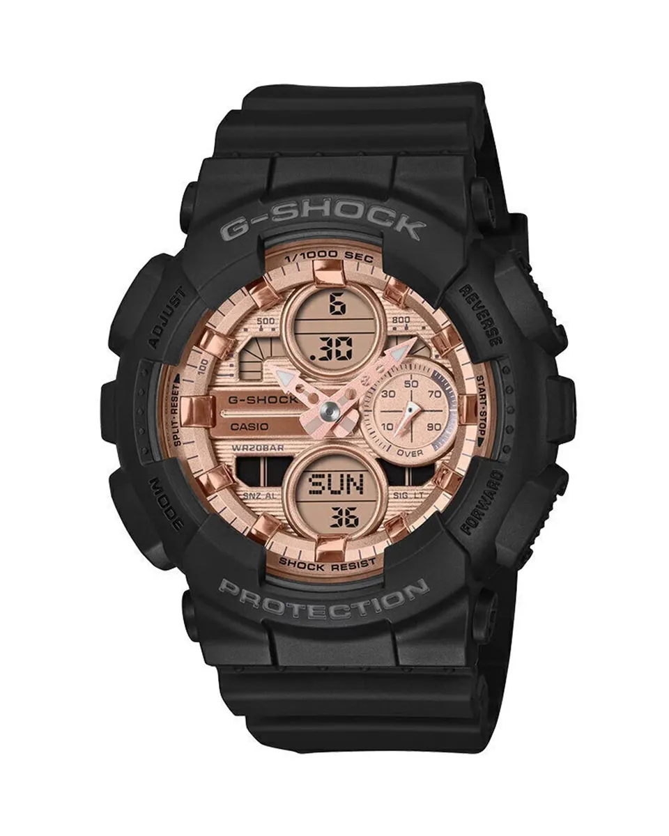 Formato mediano en color negro mate con un elegante dial metálico en tono oro rosa.