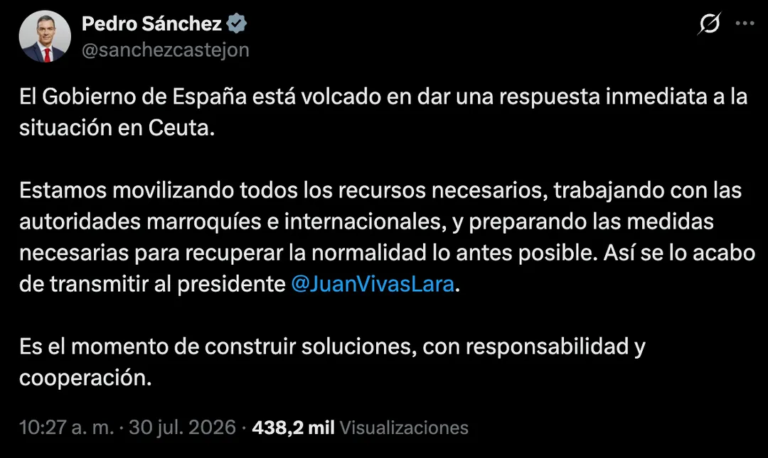 Pedro Sánchez dijo que el Gobierno español está trabajando para enviar recursos a Ceuta.