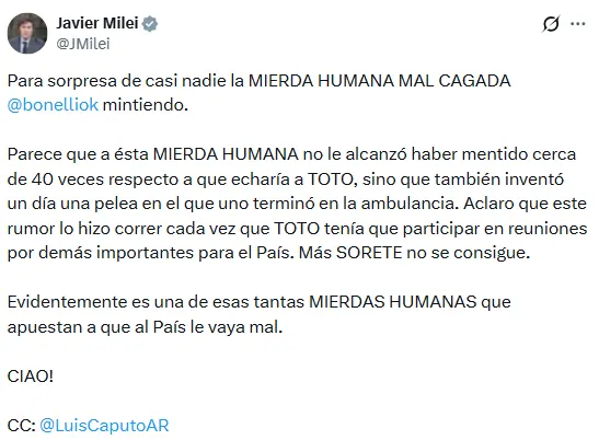 El posteo de Javier Milei en el mes de agosto contra Marcelo Bonelli. 