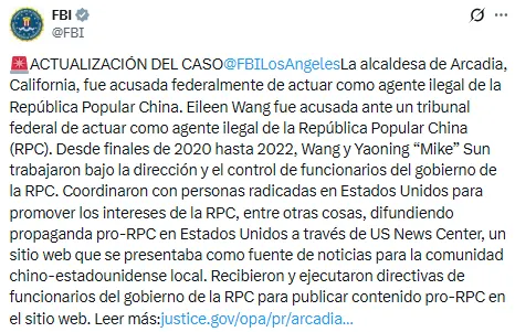 El comunicado del FBI a través de su cuenta de X sobre el caso de la alcaldesa de California.