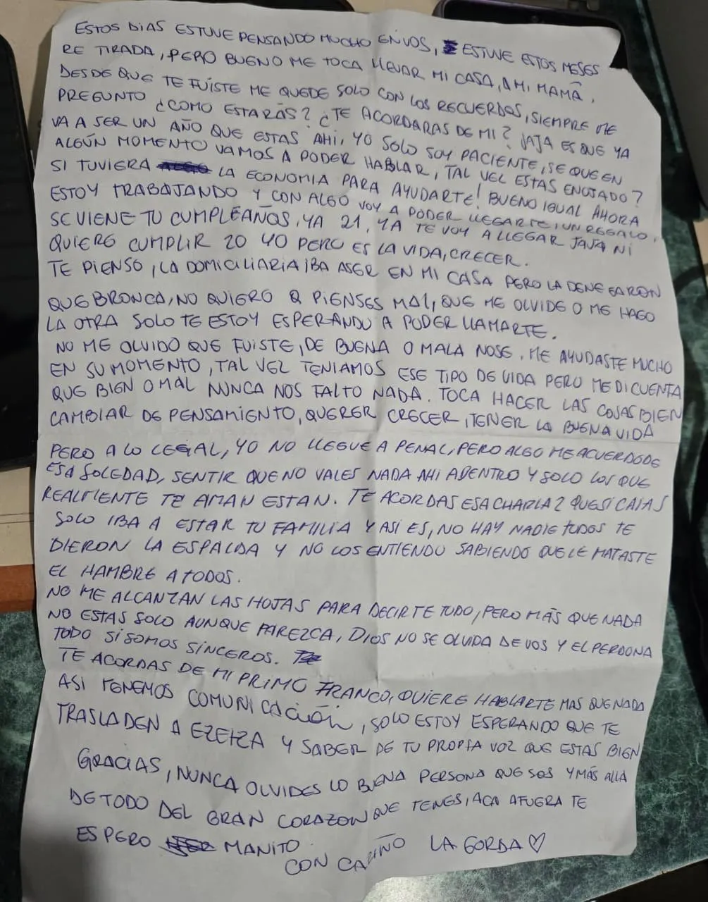 La carta dedicada al Pequeño J.