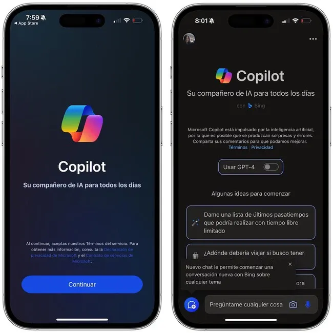 Copilot, la IA de Microsoft, compatible en Android y iOS.