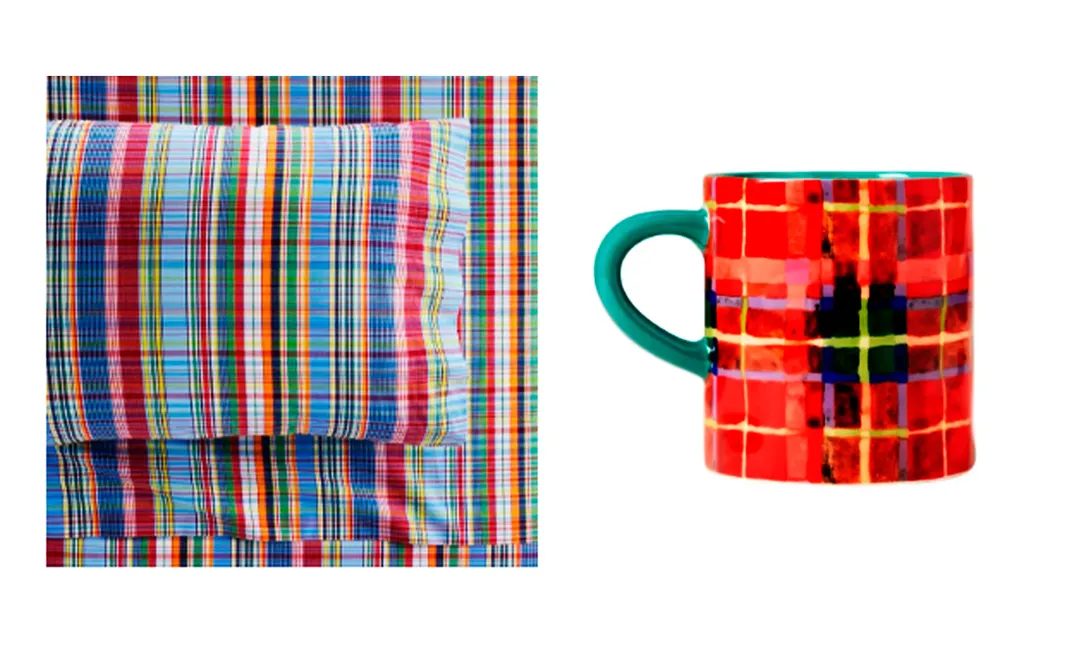 juego de sábanas cuadriculadas que demuestra que el tartán no tiene por qué ser tradicional, ya que así aporta un toque alegre y moderno. Lo mismo con la taza de cerámica pintada a mano con diseño tartán, que le da un toque alegre y artesanal. Créditos; pbteen.com y anthropologie.com.