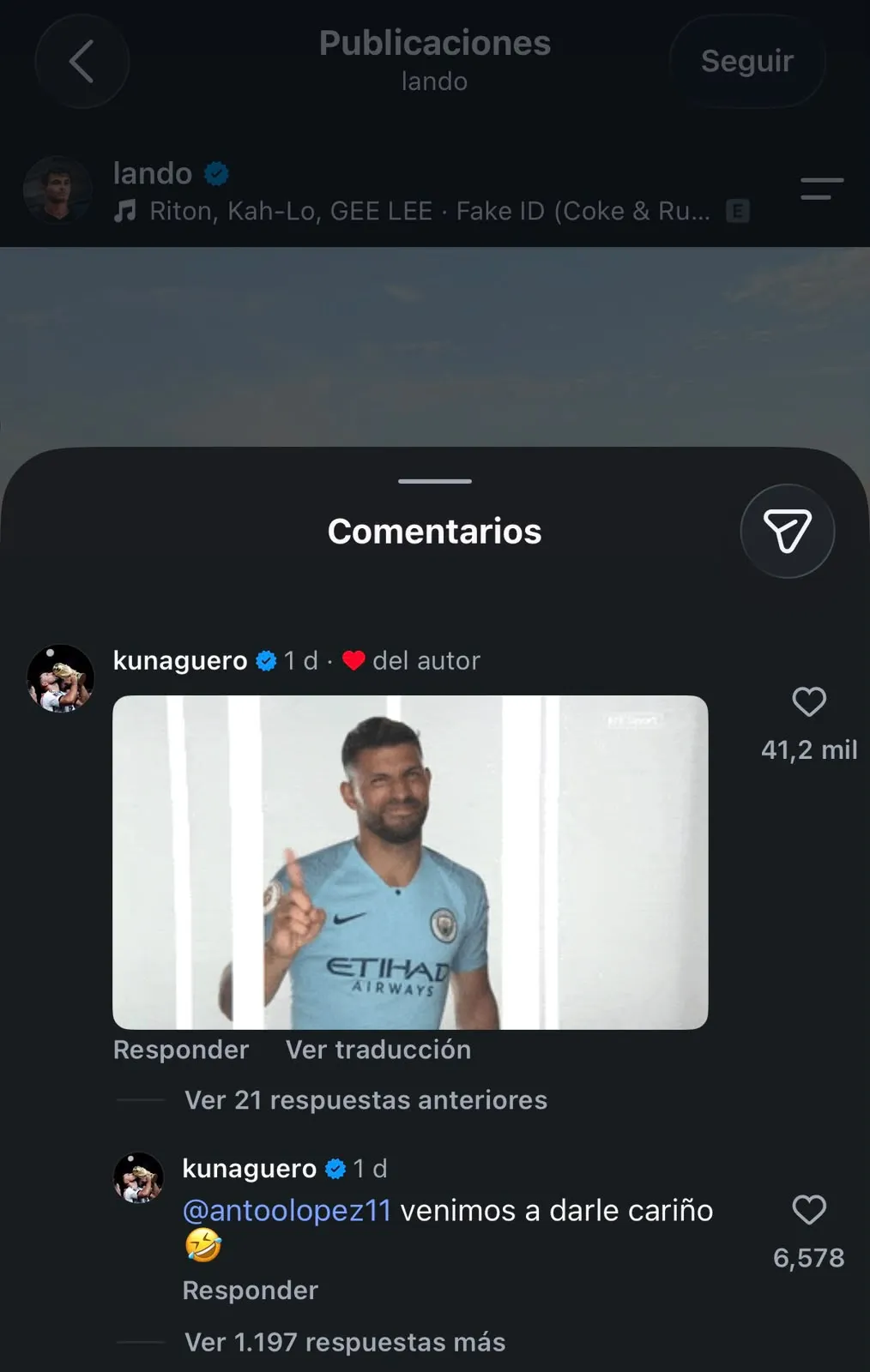 Los comentarios del Kun Agüero en la última publicación de Lando Norris.