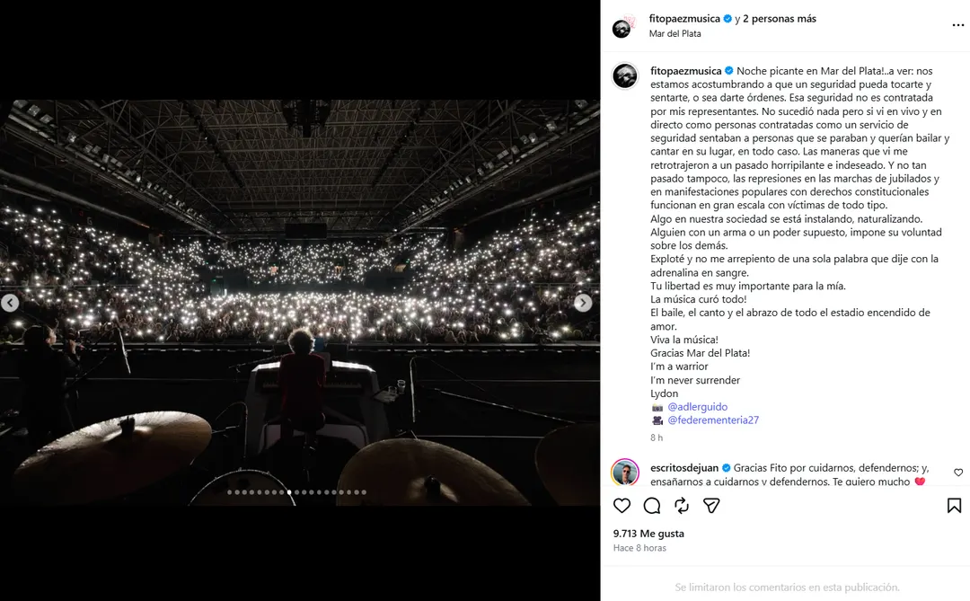 Fito Páez y el descargo tras sus dichos por el accionar de la seguridad en su show.