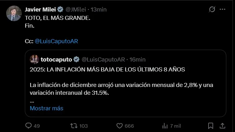 El posteo de Milei citando a Luis Caputo