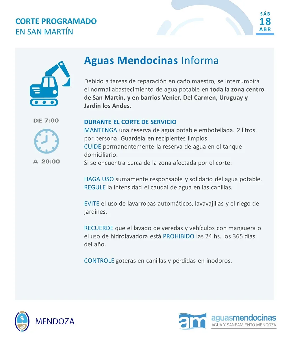Corte de agua programado en el Este de Mendoza.