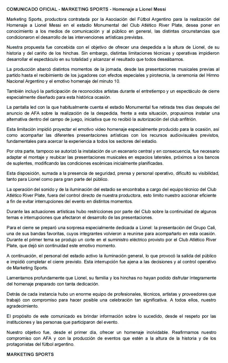 El comunicado de Marketing Sports sobre la despedida de Messi.