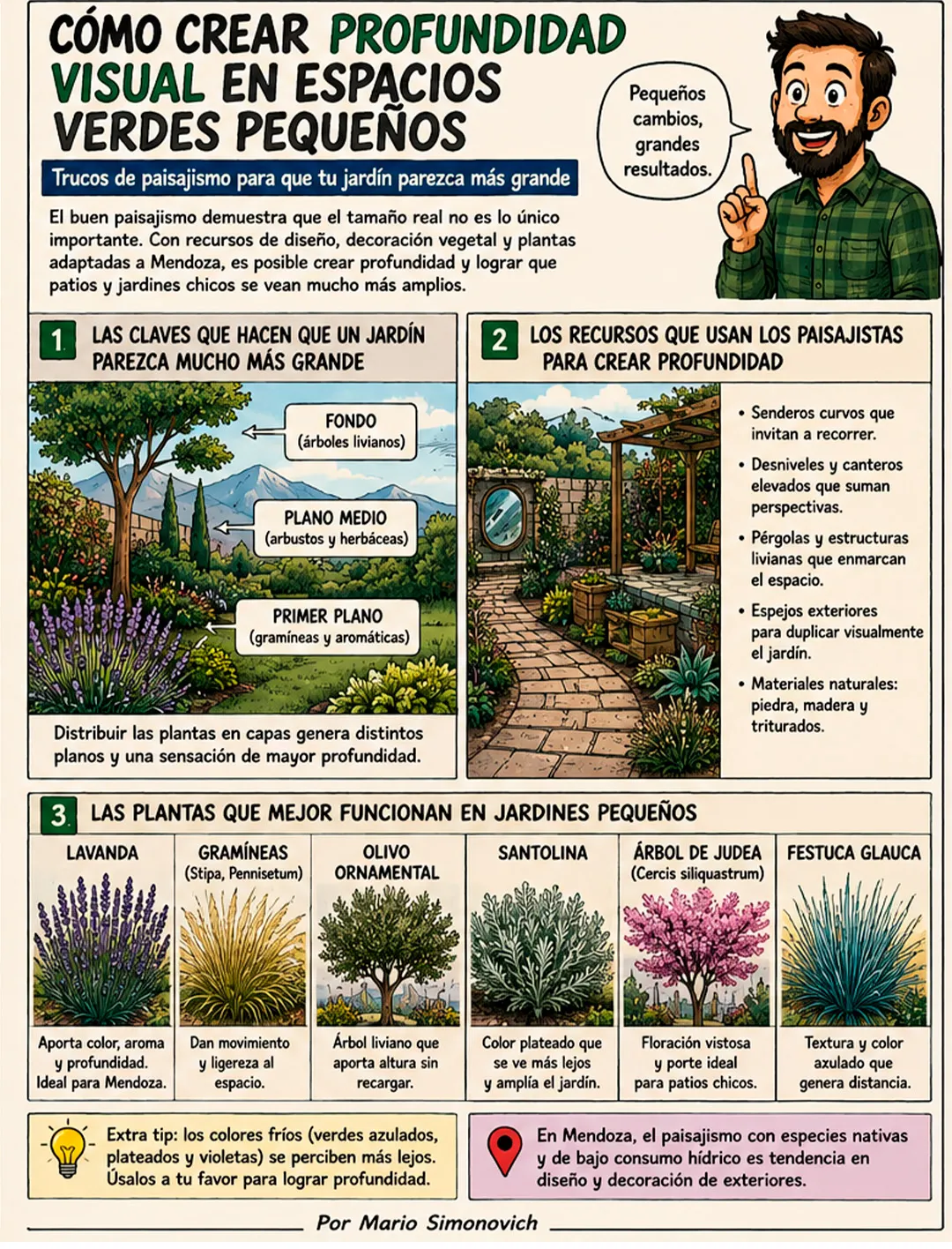 Con una buena combinación de plantas, senderos y distintos niveles, un espacio verde pequeño puede parecer mucho más amplio y atractivo.