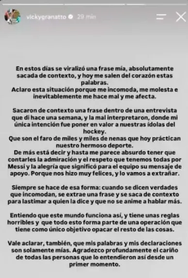 Victoria Granatto se expidió en su cuenta de Instagram.