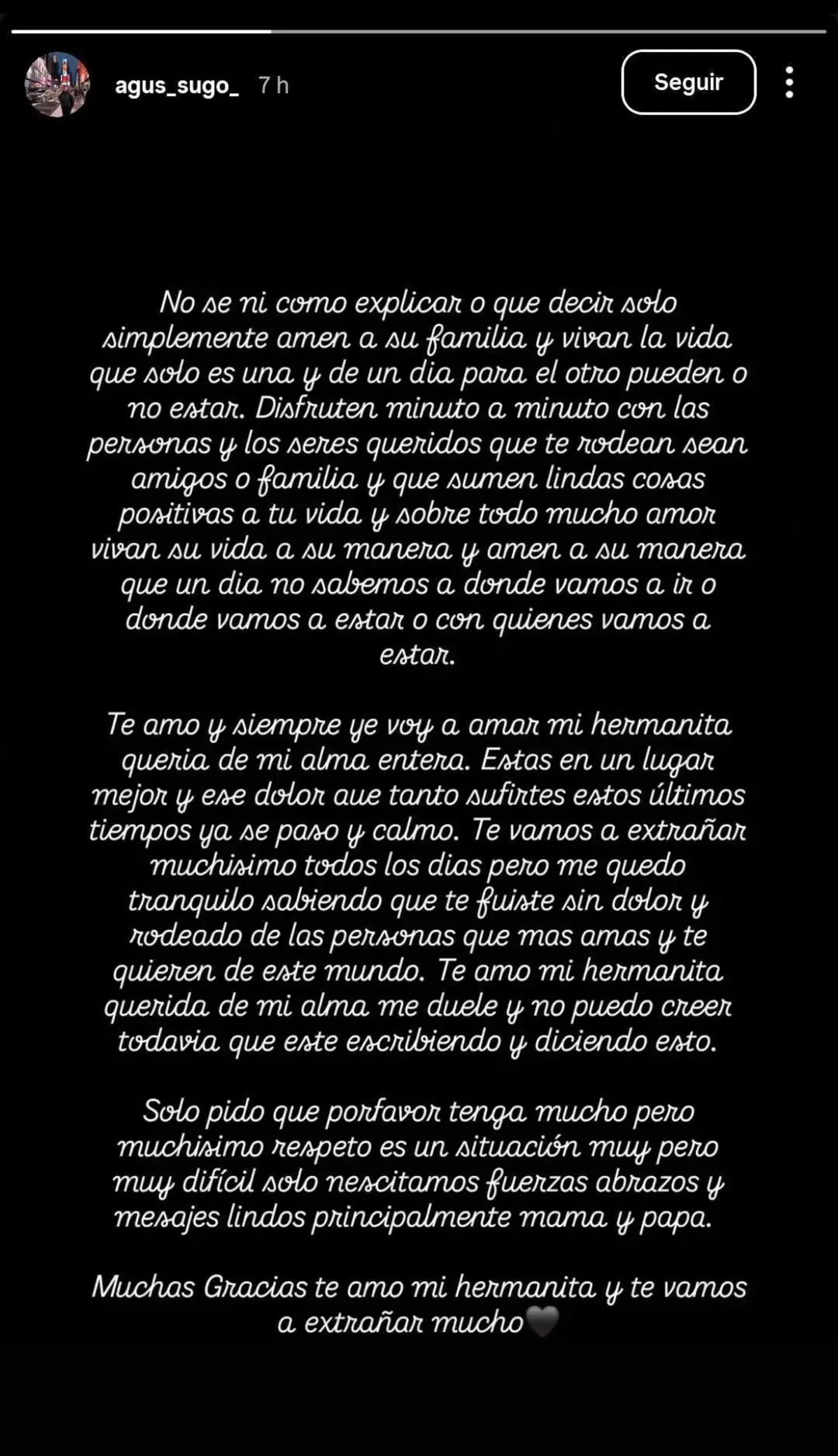 Agustín Sugo se despidió de su hermana y pidió respeto.