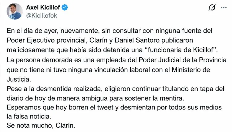 Kicillof compartió una publicación en X desmintiendo las acusaciones. 