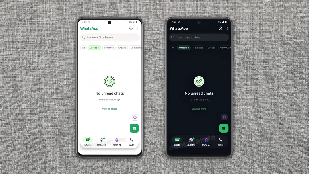 El nuevo diseño de WhatsApp reorganiza los botones inferiores sobre un fondo translúcido.