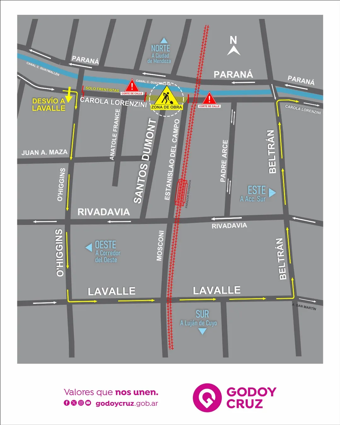 Las obras del Metrotranvía generarán modificaciones en el tránsito de Godoy Cruz durante las próximas semanas.