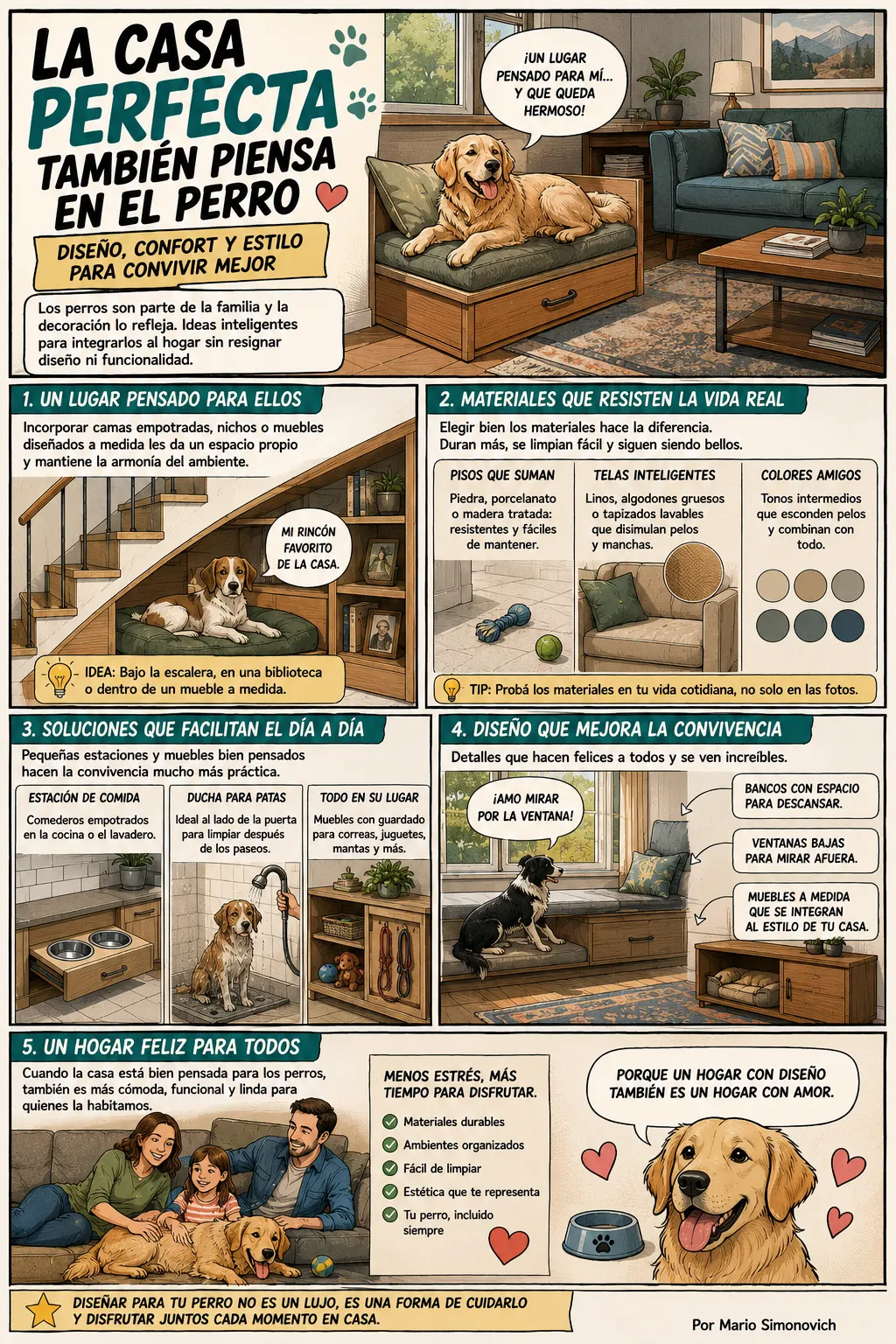 Cada vez más hogares incorporan espacios, muebles y materiales pensados para convivir con perros sin resignar diseño, confort ni funcionalidad. 