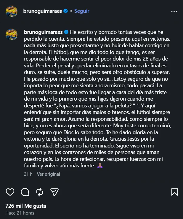 El posteo de Bruno Guimaraes en Instagram.