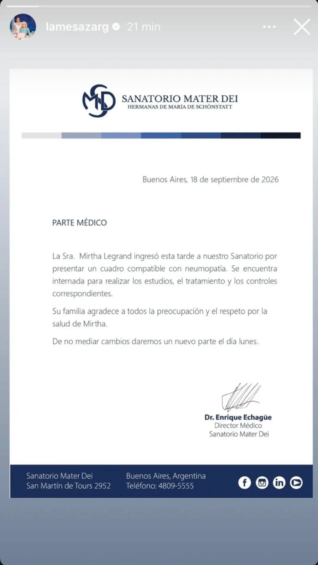 El parte médico del sanatorio precisó que la conductora ingresó con un cuadro compatible con neumopatía.