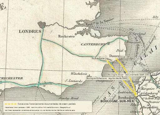 Representación de las rutas de ferrys entre Boulogne-sur-Mer y Folkestone y Dover sobre el mapa de Levasseur de 1852. 