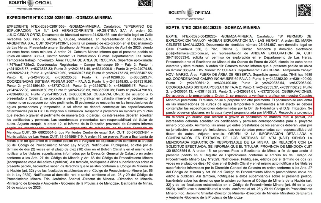 En uno de los edictos se menciona a Penitentes como superficiario. Ese permiso está sobre el centro de esquí. En el otro, que está ubicado en la misma zona, se advierte que hay glaciares. 