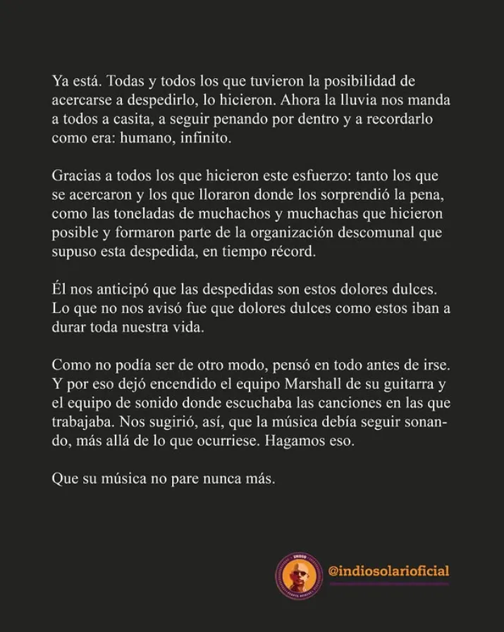 Terminó el velorio del Indio Solari y la familia compartió un sentido posteo. 