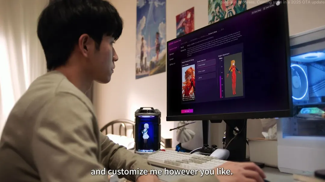 El dispositivo utiliza tecnología de seguimiento ocular para que el personaje de anime mantenga el contacto visual con el usuario.
