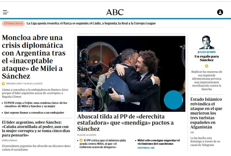 El medio español ABC sobre el cruce de Javier Milei y Pedro Sánchez.