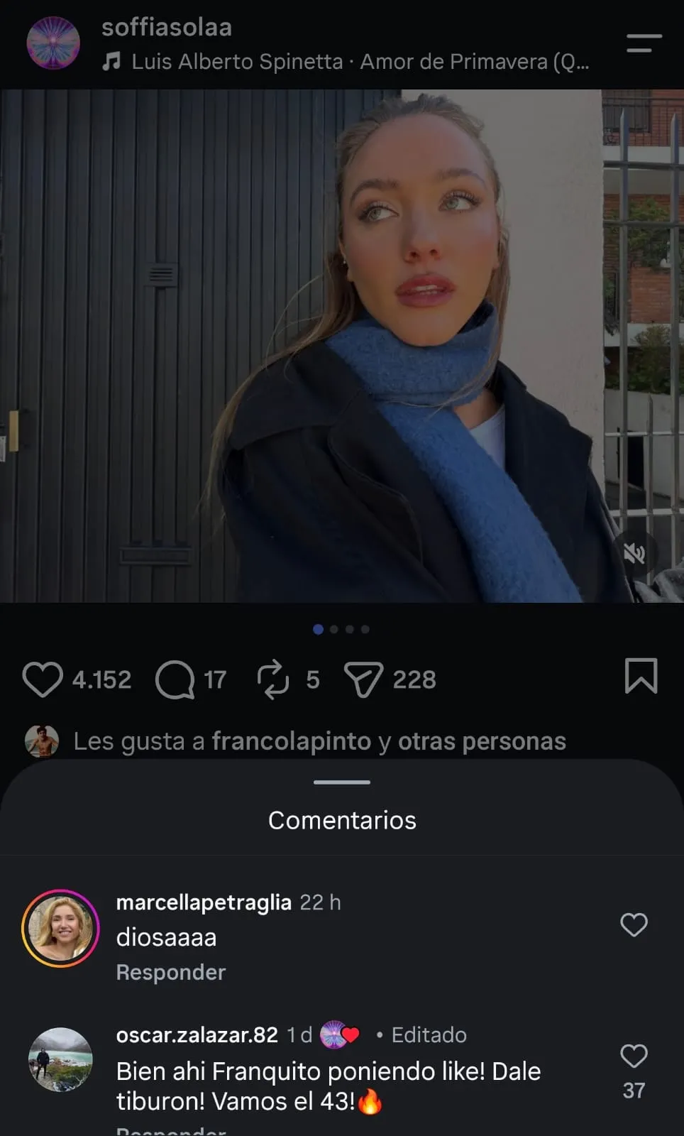 El like de Sofía al comentario de un usuario que hablaba el gesto de Franco Colapinto en su publicación. 