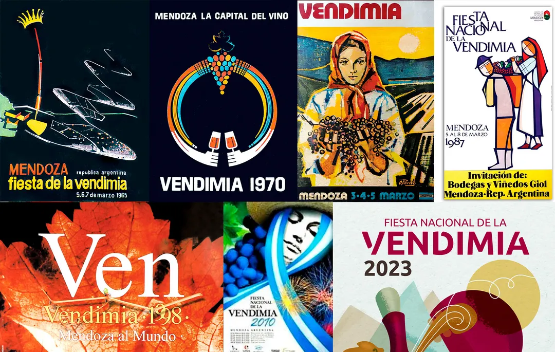 Afiches de la Fiesta Nacional de la Vendimia de los años 1965, 1970, 1978, 1987, 1998, 2010 y 2023.