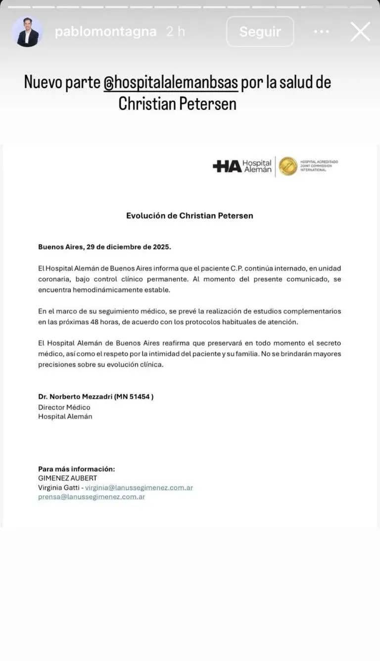 Parte médico oficial. Créditos: Instagram
