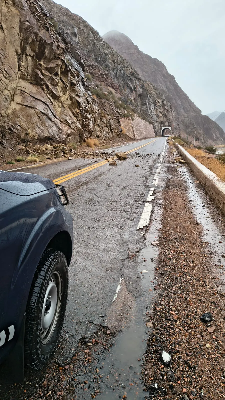 Personal de Gendarmería, Guardia Urbana y Bomberos interviene ante los derrumbes registrados en la Ruta 7, mientras esperan maquinaria vial.