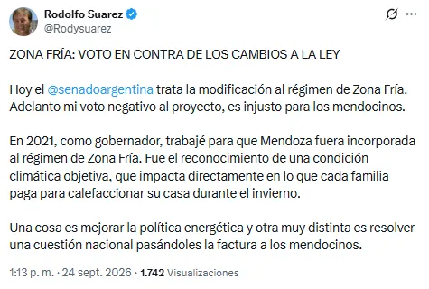 Rodolfo Suarez adelantó su voto en X.