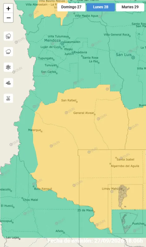 Las tormentas pueden intensificarse desde las 18 en el sur de Mendoza, con ráfagas de más de 60 km/h.