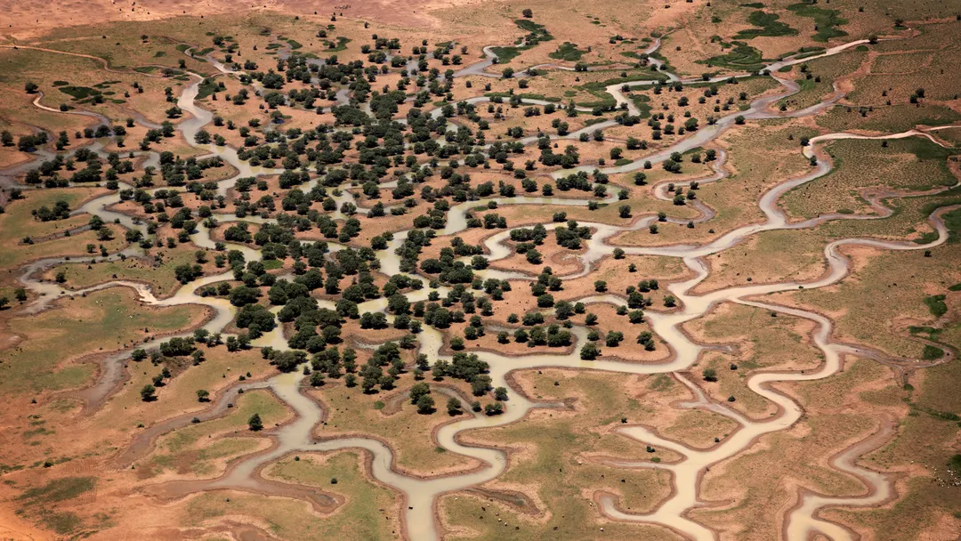 Más que árboles: los proyectos combinan vegetación, agua, suelo, agricultura y biodiversidad. Vista aérea de la zona que rodea Anefis y Kidal, en el norte de Malí.