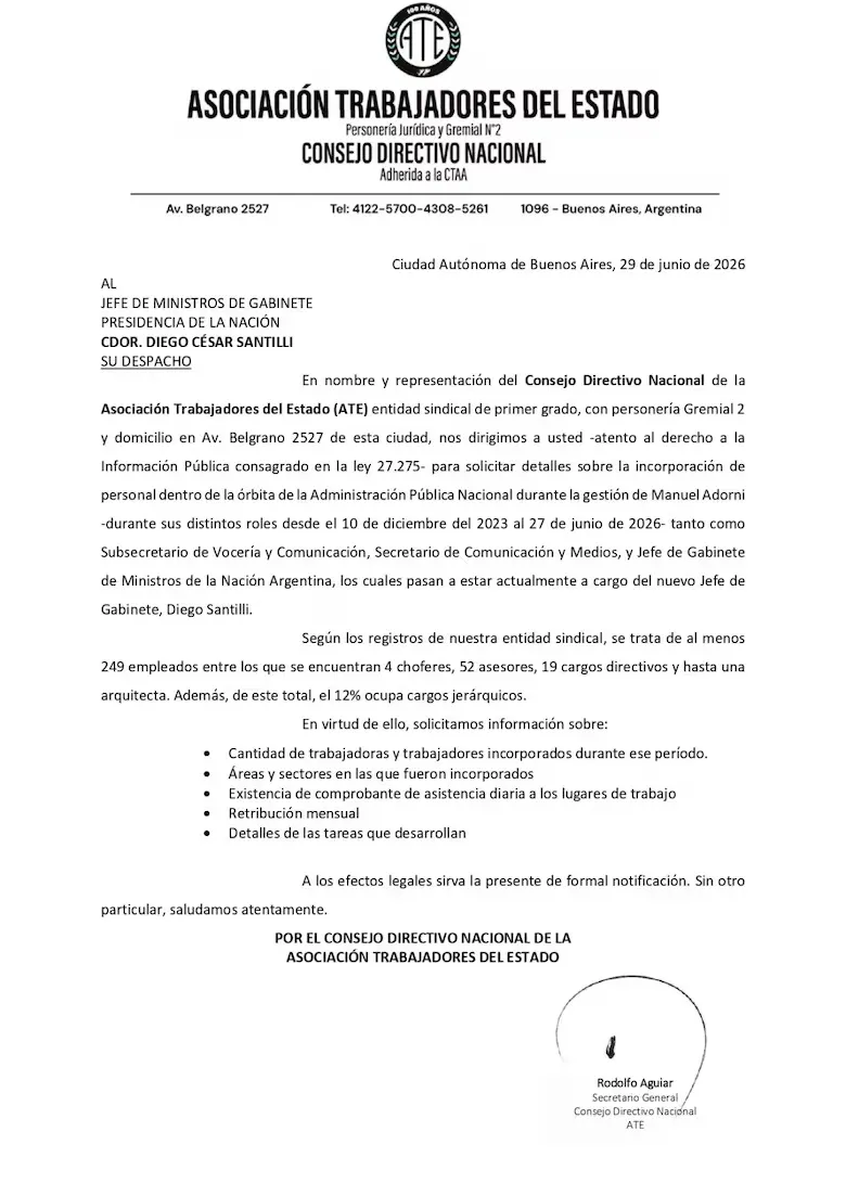 La carta de ATE a Diego Santilli