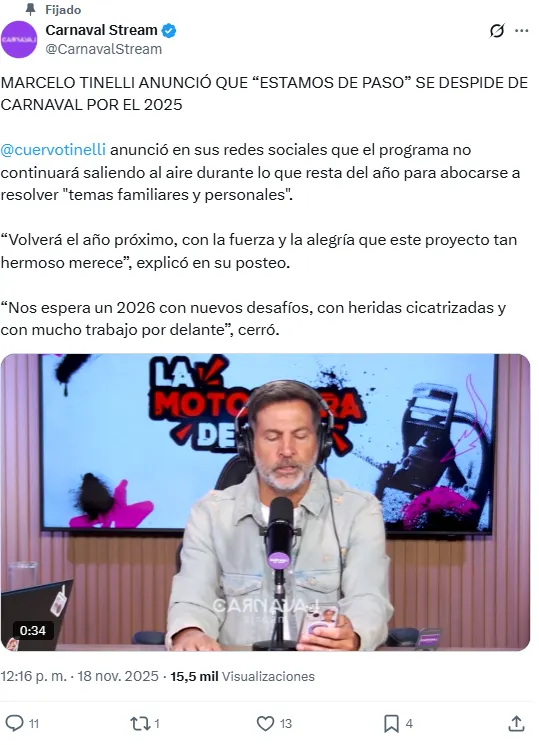 Marcelo Tinelli se despidió de Carnaval Stream. Foto: captura de pantalla X / @CarnavalStream. 