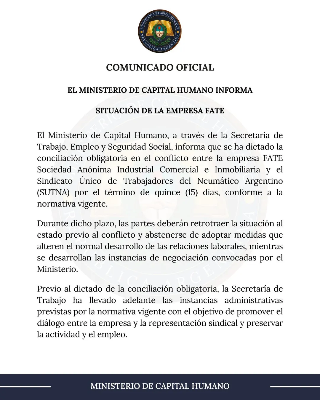 El comunicado del Ministerio de Capital Humano por el cierre de Fate.