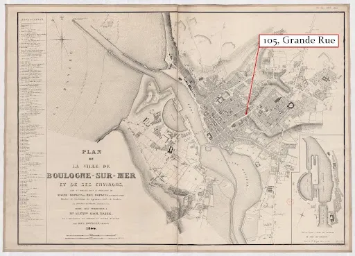Ubicación del 105, Grande Rue sobre el mapa de 1844 de Joseph Cochrane mostrando la ciudad de Boulogne-sur-Mer como se veía solo cinco años antes de la llegada de San Martín y su familia.