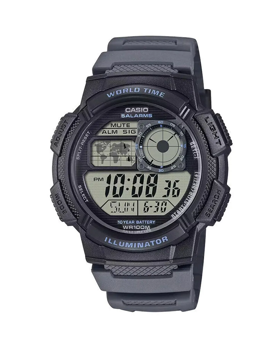 Casio AE-1000W-8A: Estética de aviación con hora mundial y resistencia de 100 metros.