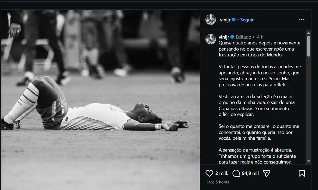 La publicación en Instagram de Vinicius Jr. tras la eliminación de Brasil.