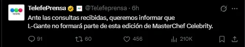 El comunicado de Telefe para anunciar la salida de L-Gante.