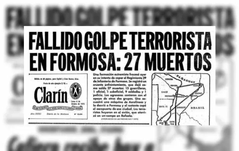 Recorte del diario Clarín relata un ataque montonero en el norte del país, conocido por el crimen del soldado Hermindo Luna de 21 años.