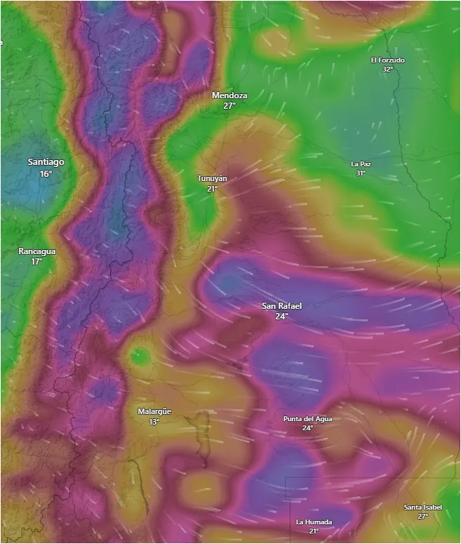 El pronóstico de Windy adelanta que habrá ráfagas de hasta 75 km/h.