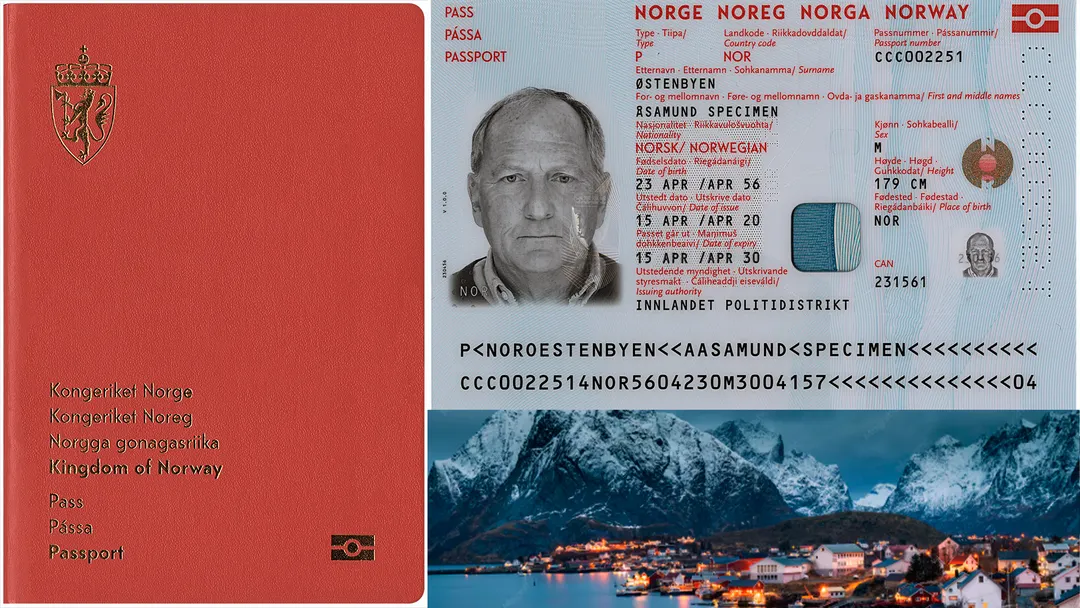 El pasaporte noruego utiliza paisajes del país como parte de su identidad visual y de sus elementos de seguridad. Los paisajes noruegos aparecen representados mediante ilustraciones que combinan identidad nacional y tecnología de seguridad.