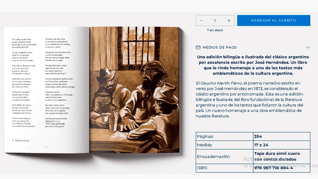 Edición del Martín Fierro en inglés y en español, con cantos dorados. 