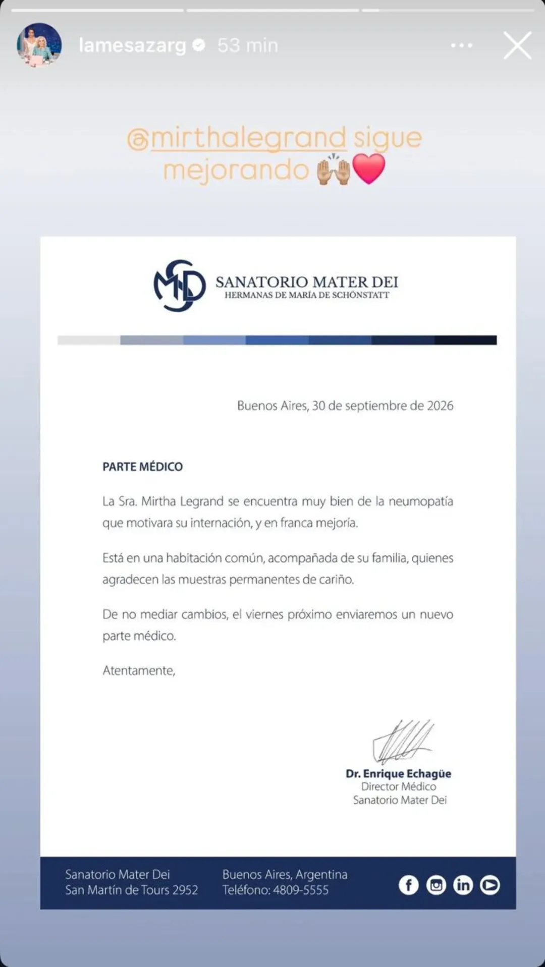 El nuevo parte médico de la actriz.